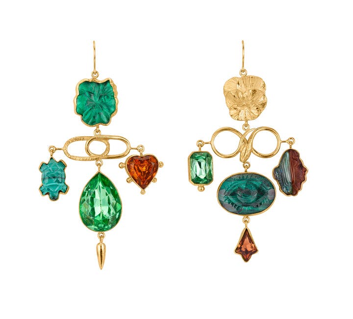 Green and Gold Pansy Balance Drop Earrings - READY TO SHIP