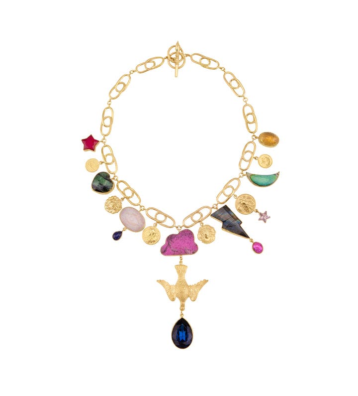 Linked Celestial Charm Necklace with Detachable Bird Drop.